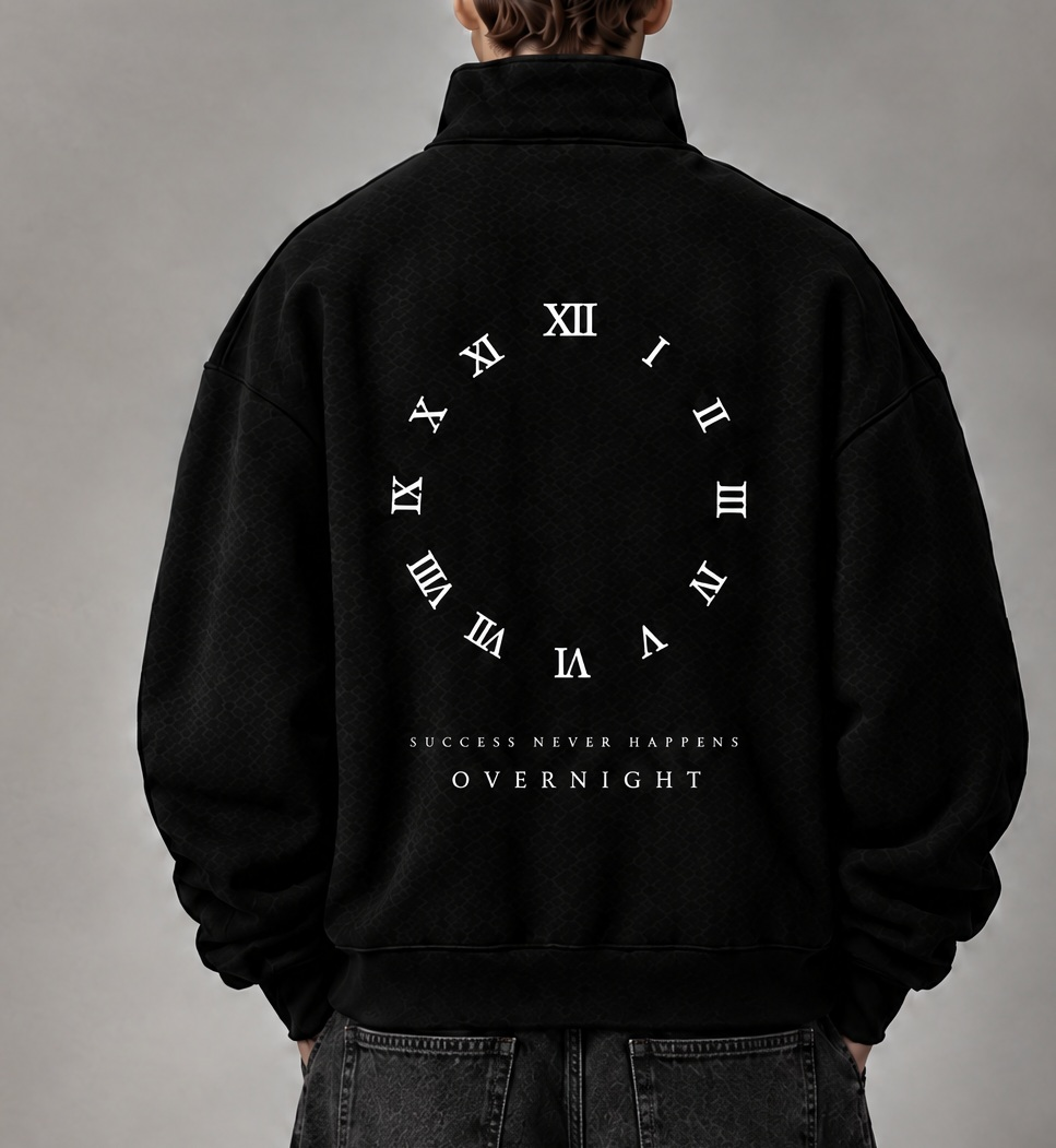 XI Quarter-Zip in Black, back view on model: numeral ring with SUCCESS NEVER HAPPENS / OVERNIGHT