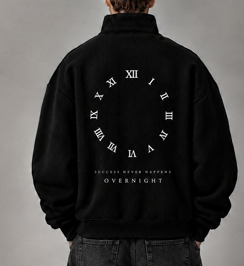 XI Quarter-Zip in Black, back view on model: numeral ring with SUCCESS NEVER HAPPENS / OVERNIGHT