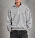 XI Quarter-Zip in Heather Grey, front view on model with black washed balloon-fit jeans