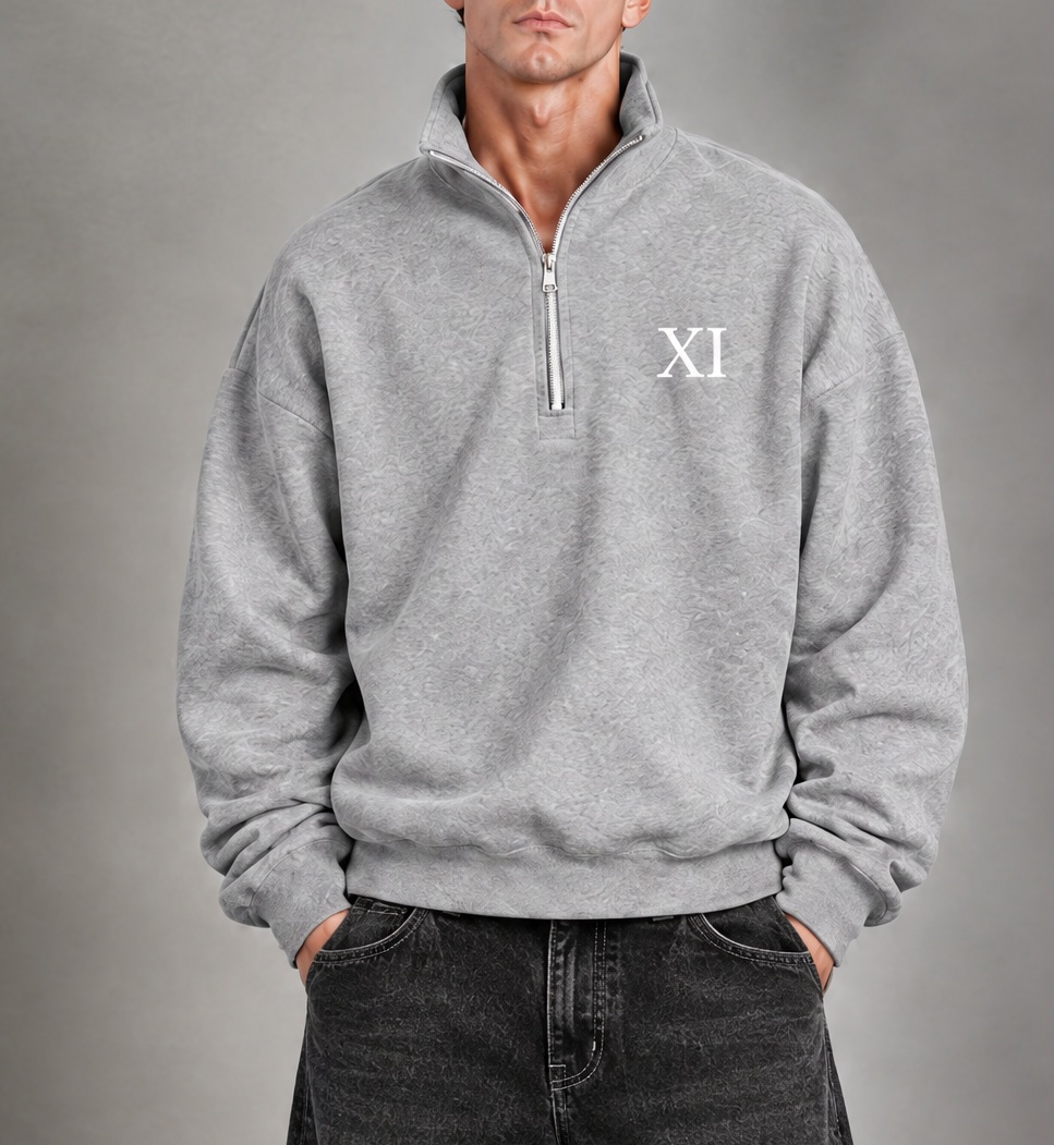 XI Quarter-Zip in Heather Grey, front view on model with black washed balloon-fit jeans