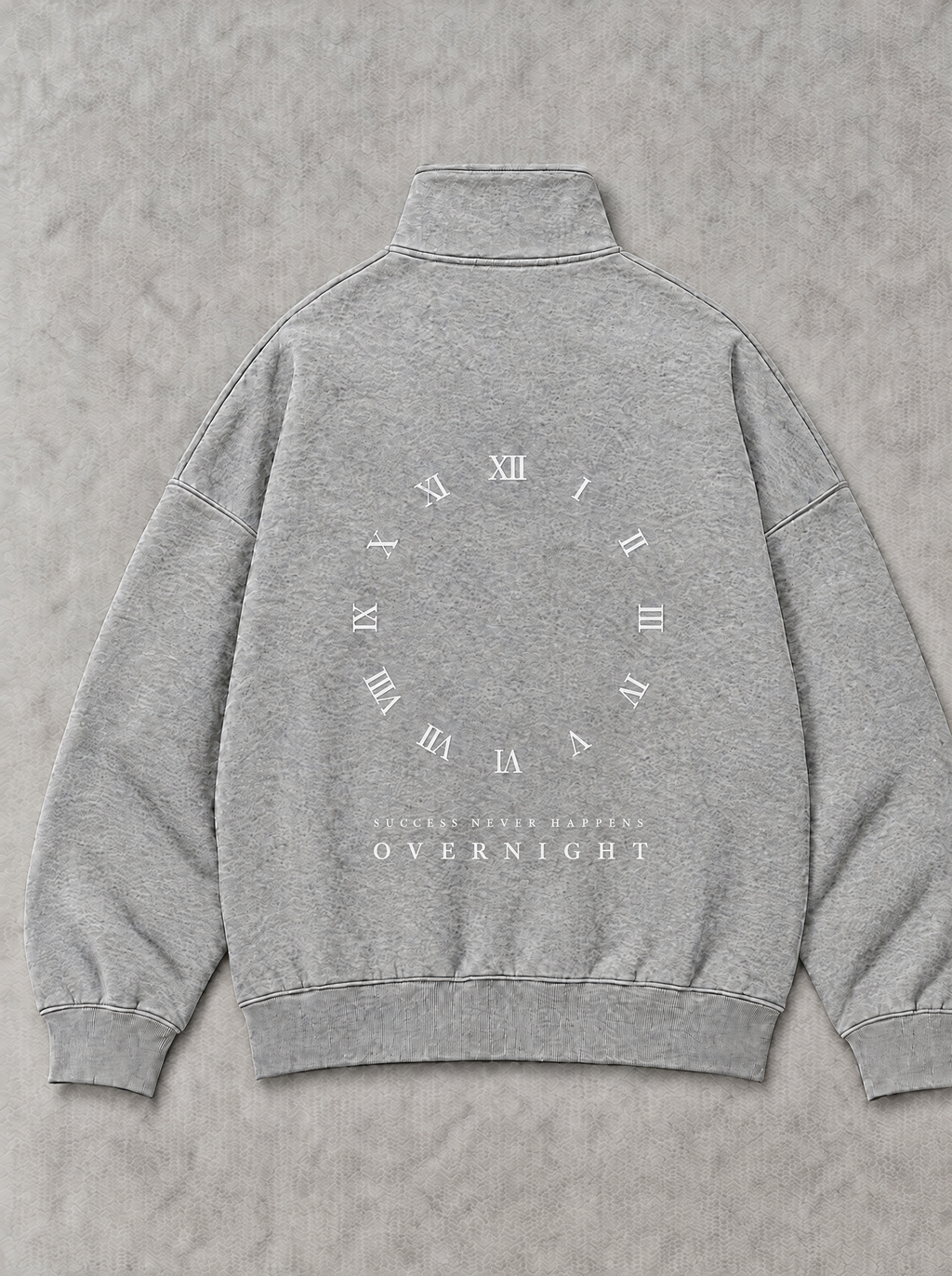 XI Quarter-Zip in Heather Grey, back flat lay: white numeral ring with SUCCESS NEVER HAPPENS / OVERNIGHT