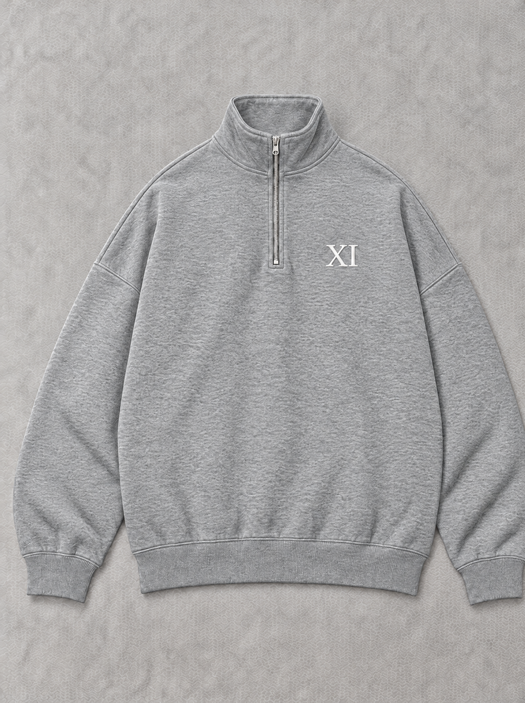 XI Quarter-Zip in Heather Grey, front flat lay with white XI chest print
