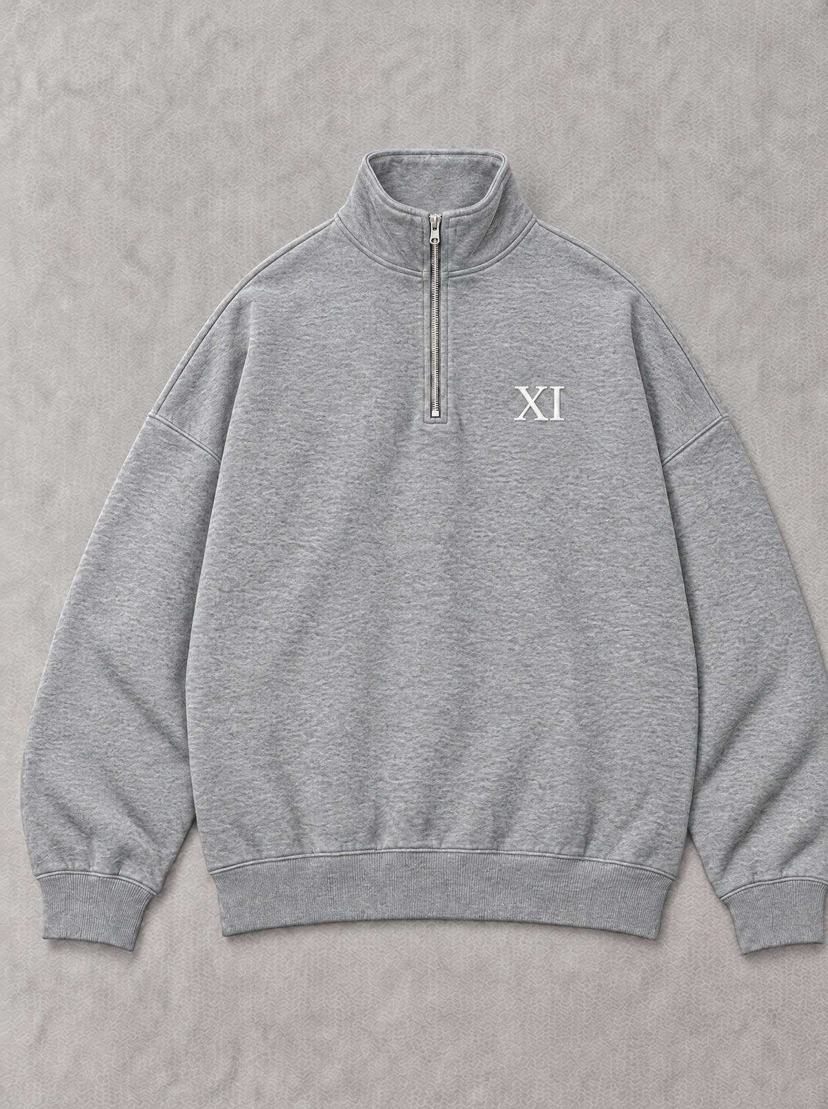 XI Quarter-Zip in Heather Grey, front flat lay with white XI chest print