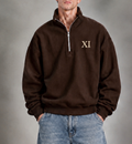 XI Quarter-Zip in Espresso with cream XI, front view on model with light wash balloon-fit jeans