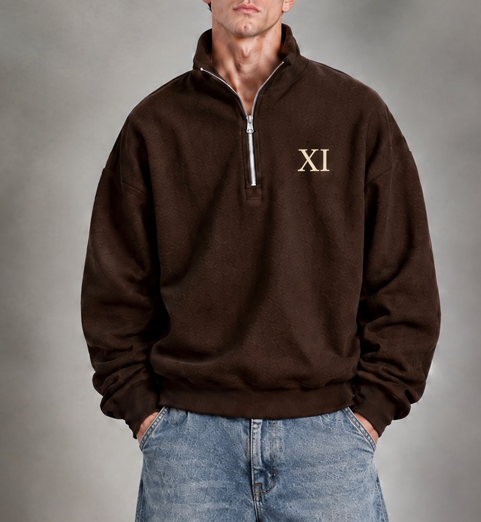 XI Quarter-Zip in Espresso with cream XI, front view on model with light wash balloon-fit jeans