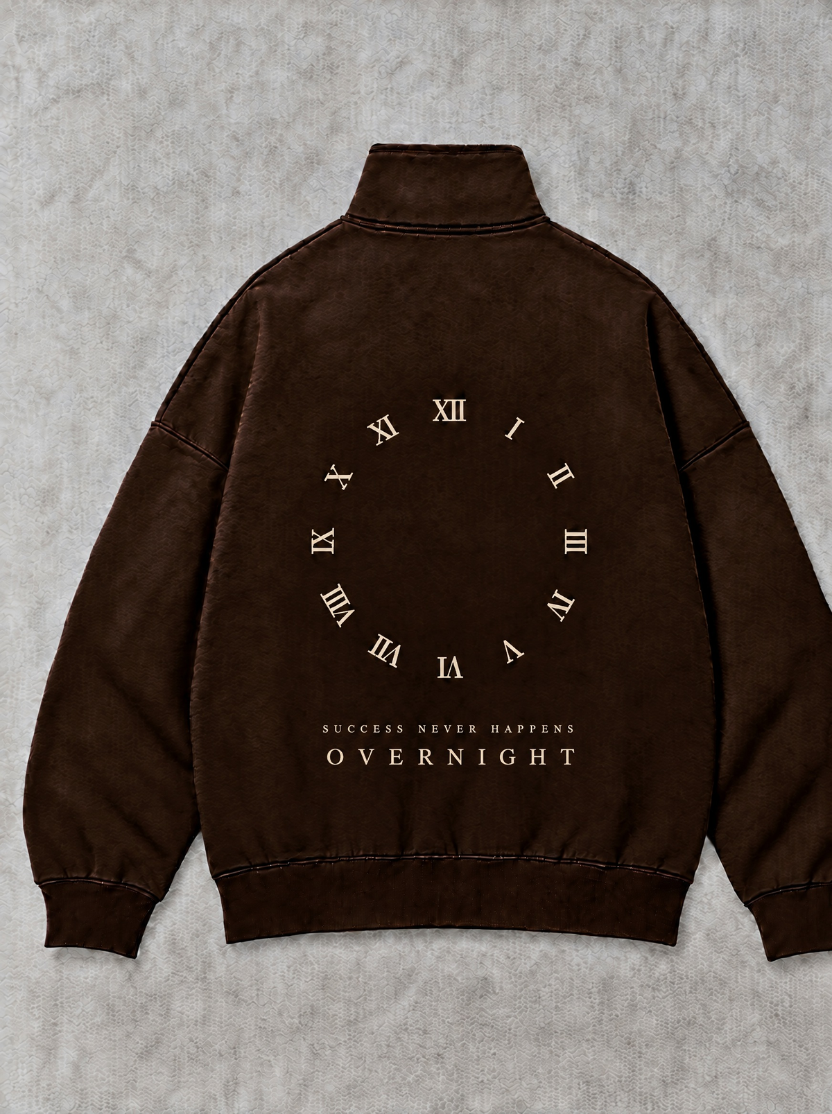 XI Quarter-Zip in Espresso, back flat lay: cream numeral ring with SUCCESS NEVER HAPPENS / OVERNIGHT
