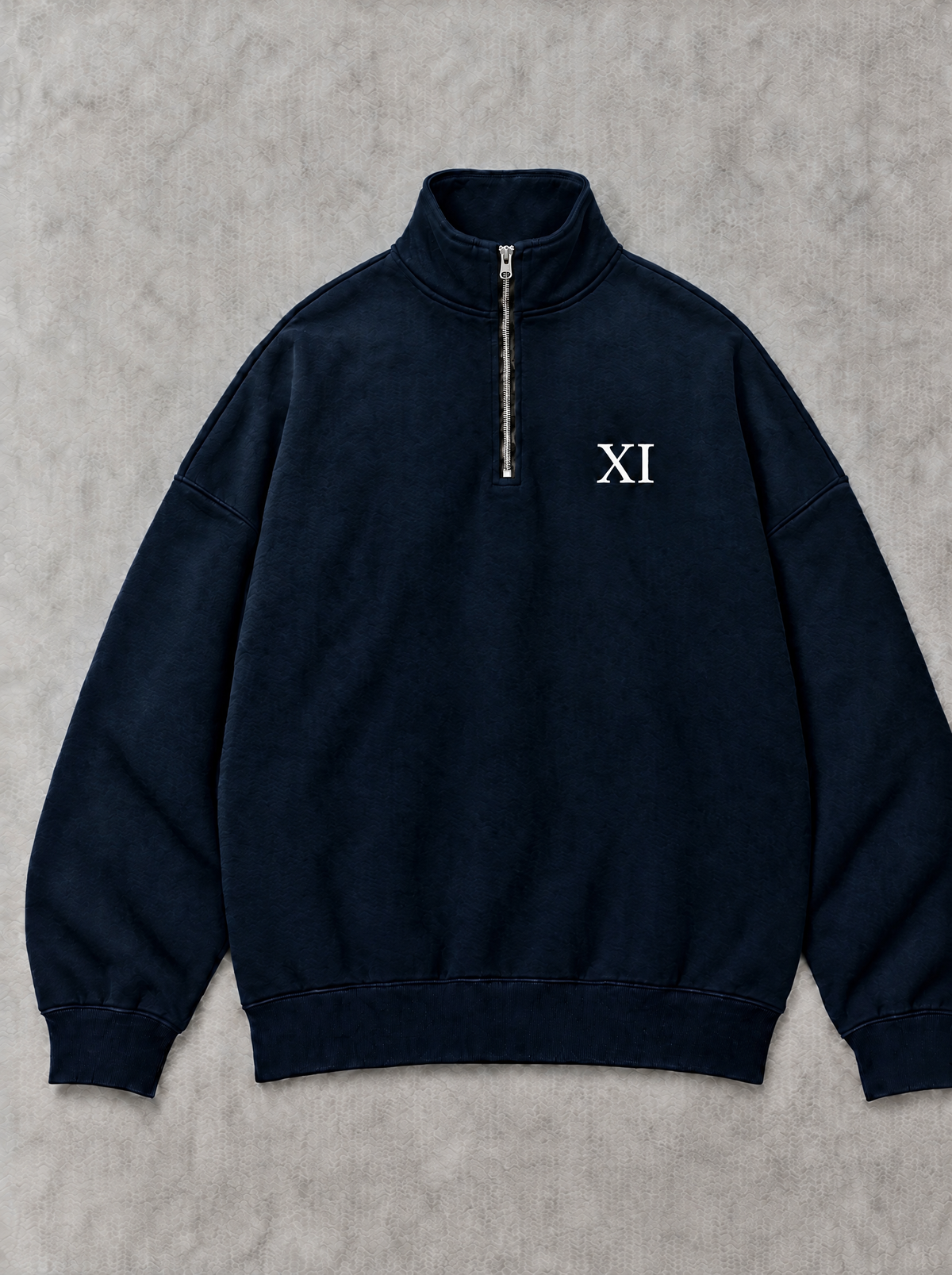 XI Quarter-Zip in Midnight Navy, front flat lay with white XI chest print