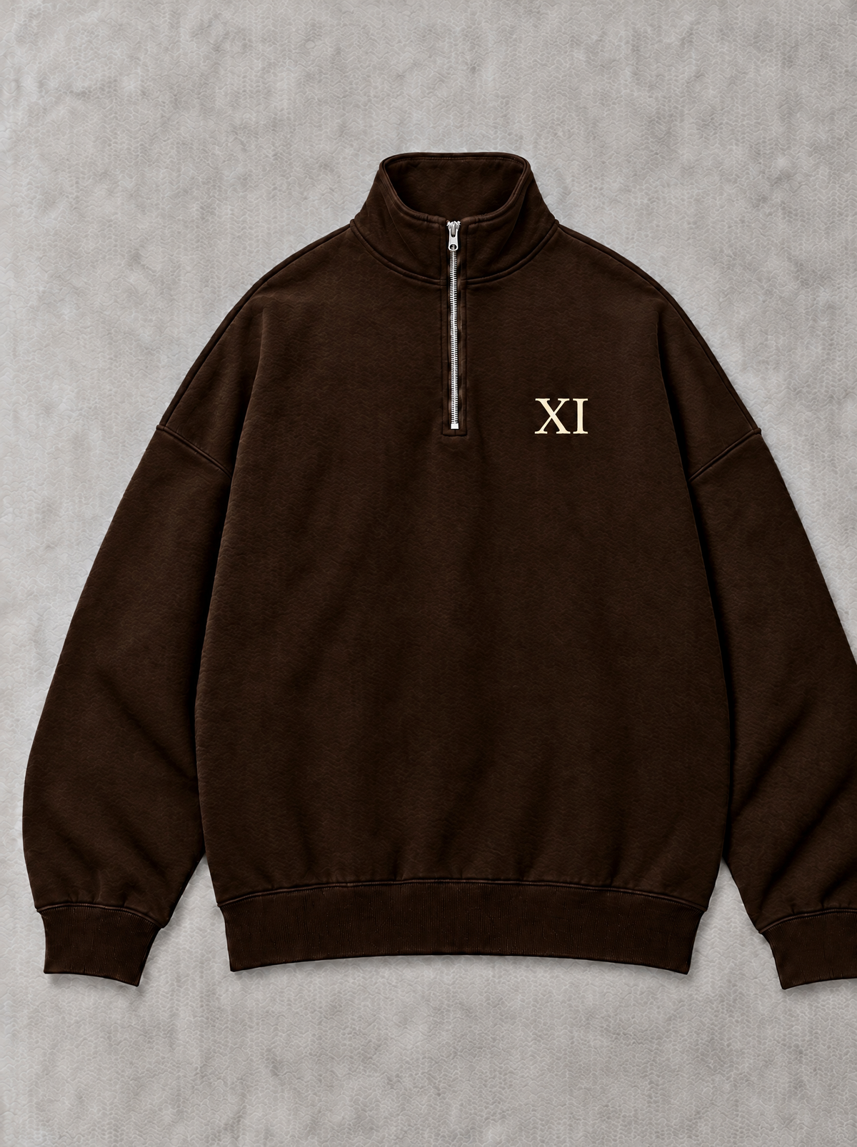 XI Quarter-Zip in Espresso, front flat lay with cream XI chest print