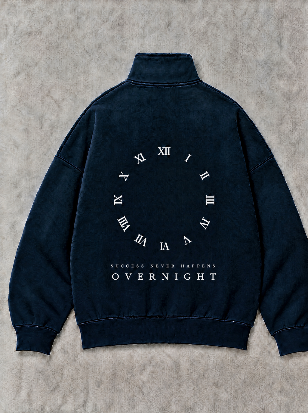 XI Quarter-Zip in Midnight Navy, back flat lay: white numeral ring with SUCCESS NEVER HAPPENS / OVERNIGHT