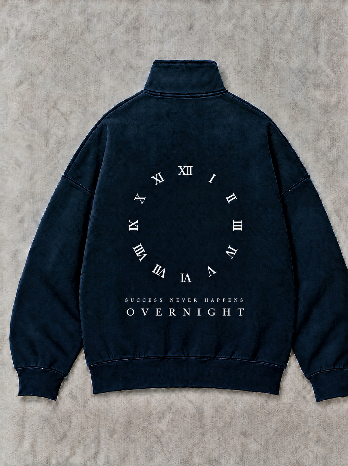 XI Quarter-Zip in Midnight Navy, back flat lay: white numeral ring with SUCCESS NEVER HAPPENS / OVERNIGHT