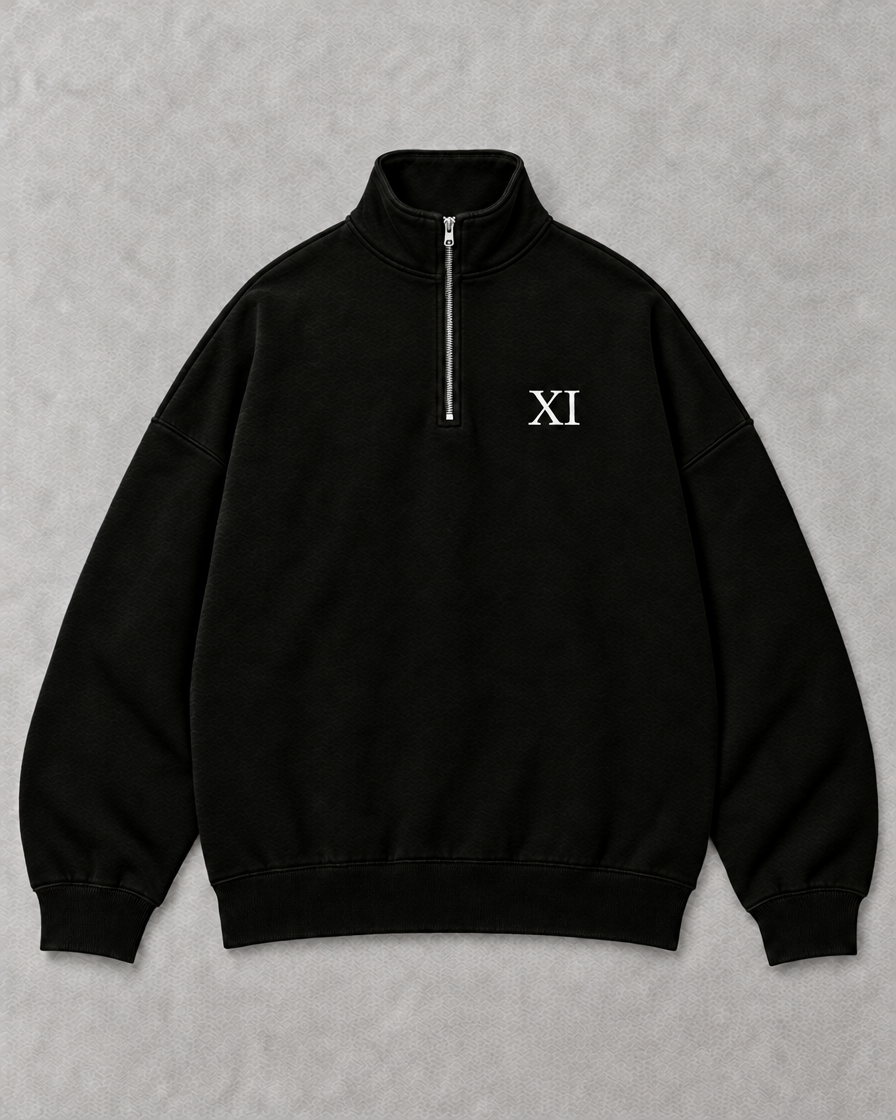 XI Quarter-Zip front flat lay with silver zip and white XI chest print